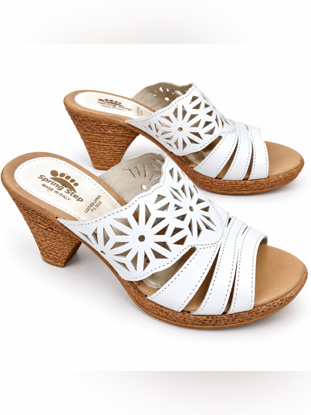 Spring Step Italy White Leather Floral Cutout Mule Sandals Heeled Slides 7B luxe